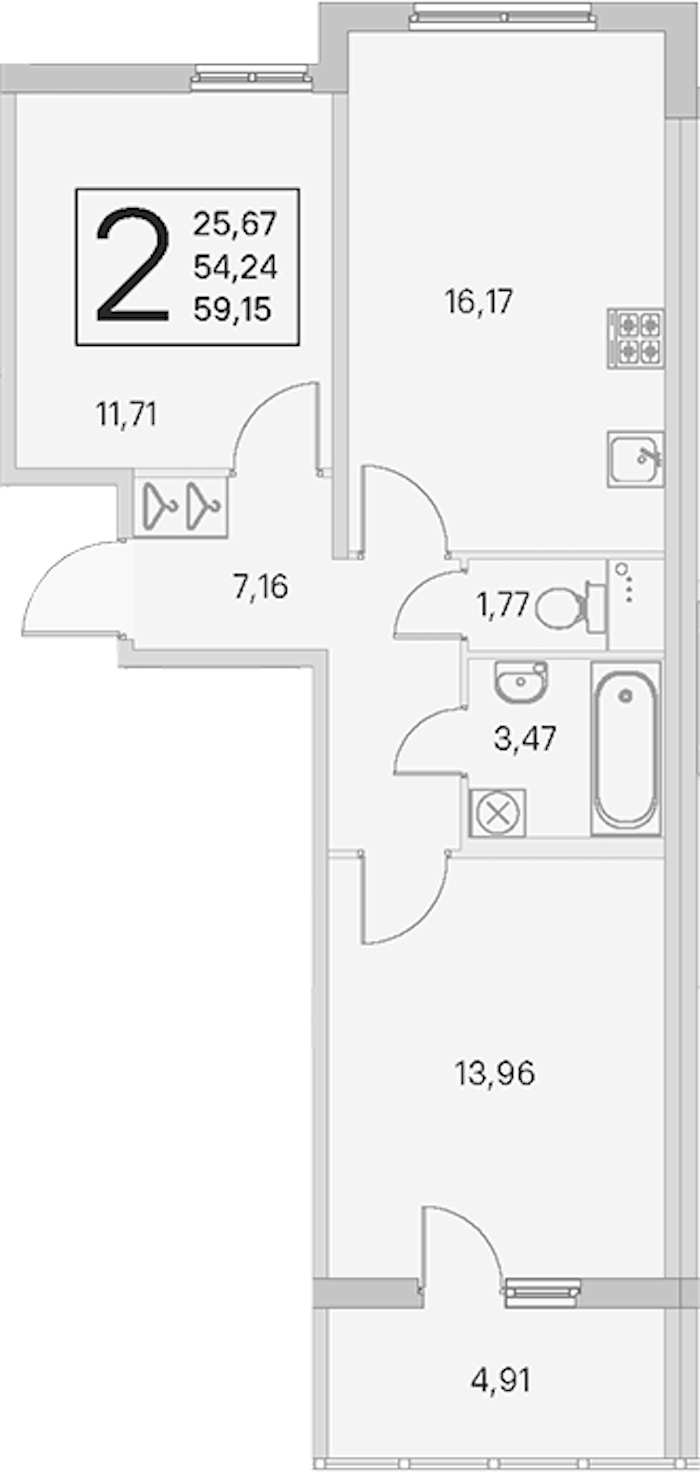 2-комнатная квартира 54.24 м², 1/4 эт., ЖК «Любоград в Стрельне»